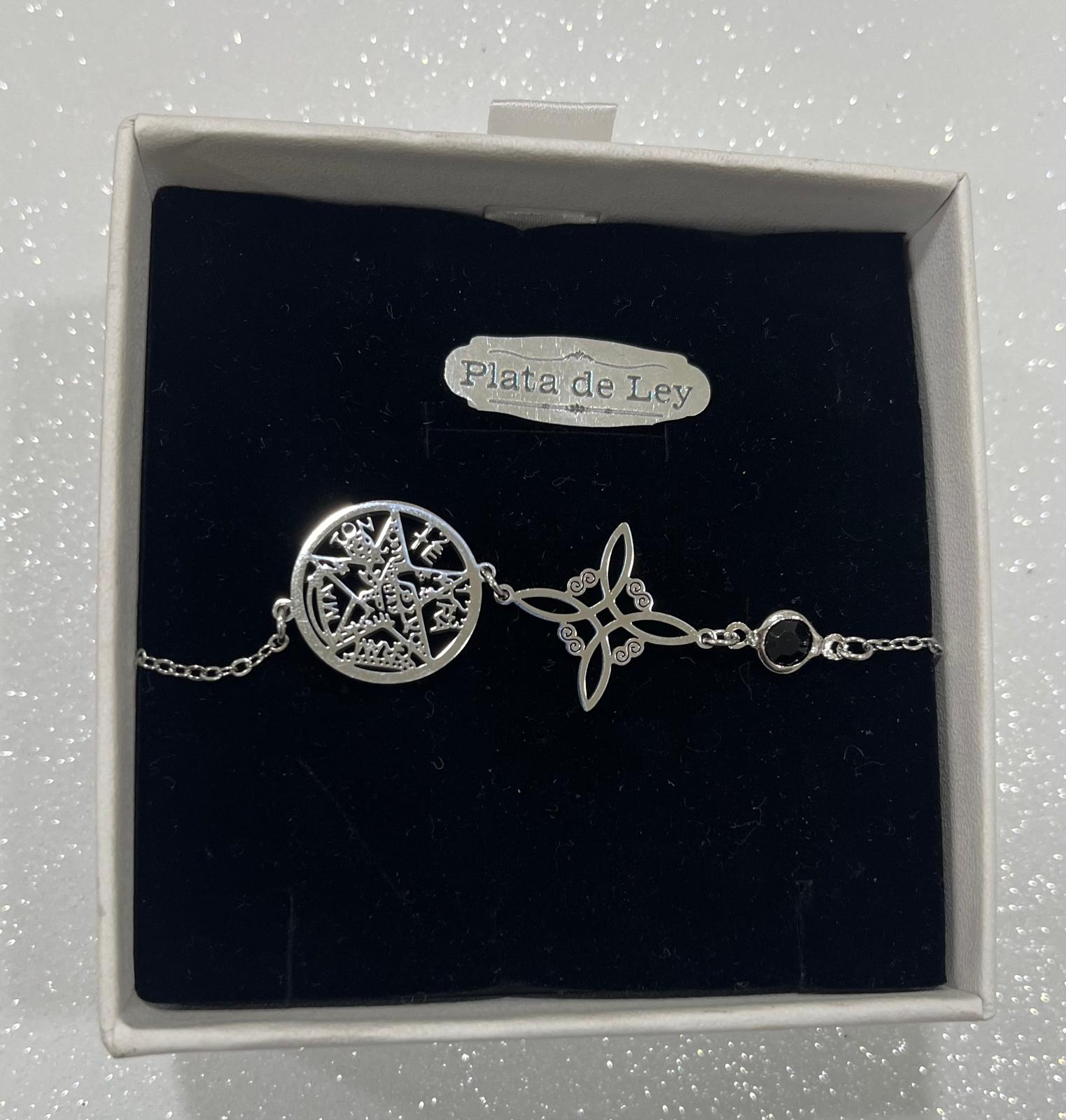 Pulsera Triple Protección tetragrámaton ,nudo de bruja ,piedra obsidiana